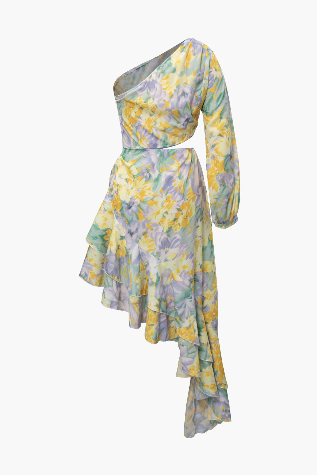 Floral Print Cut Out Asymmetric Ruffle Midi Dress