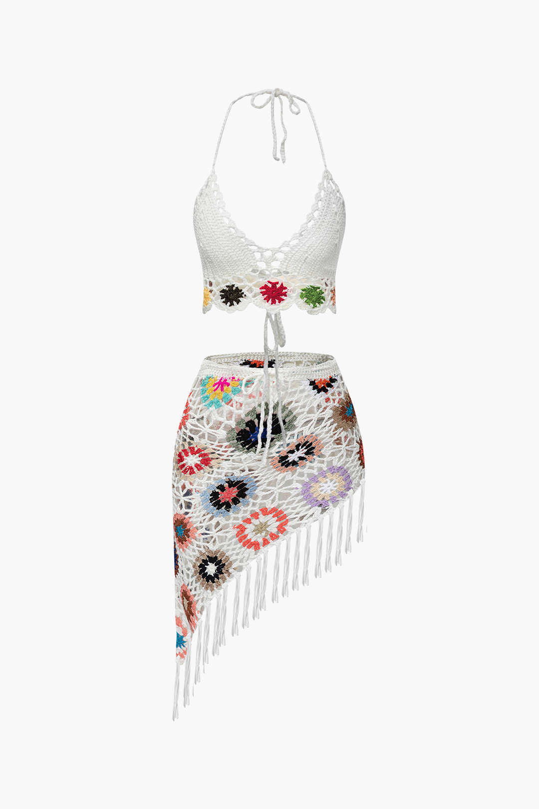 Floral Crochet Halter Cami Top And Asymmetrical Tassel Skirt Set