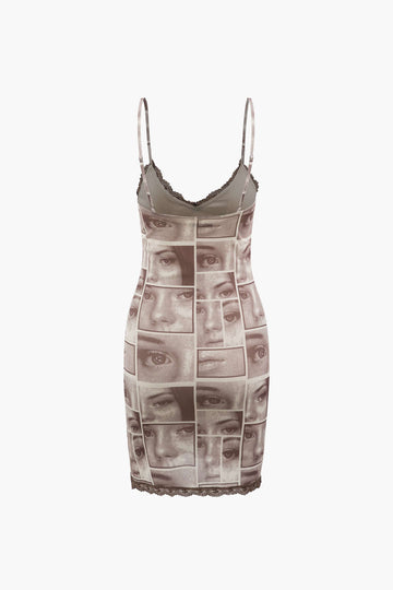 Face Graphic V-neck Lace Trim Mini Dress