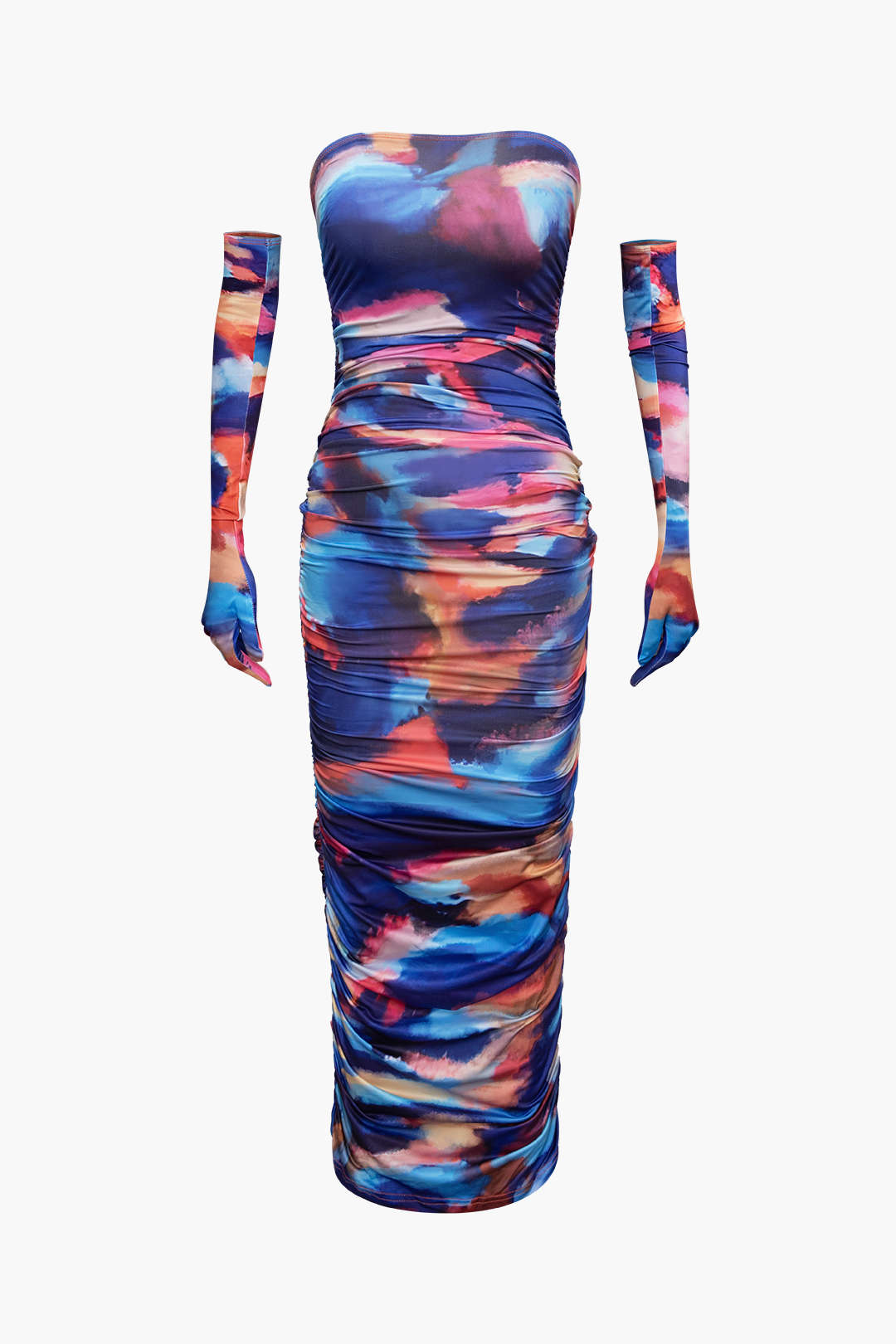 Tie Dye Strapless Ruched Maxi Dress With Gloves