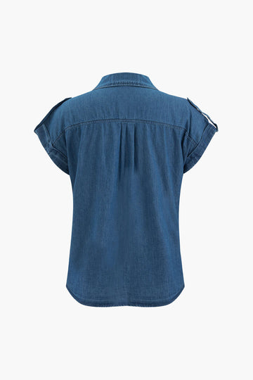 Cap Sleeve Chest Pocket Denim Shirt