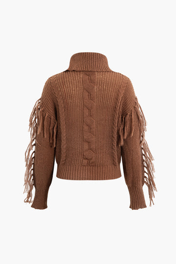 Fringe Detail Turtleneck Sweater And High Waist Knit Pants Set