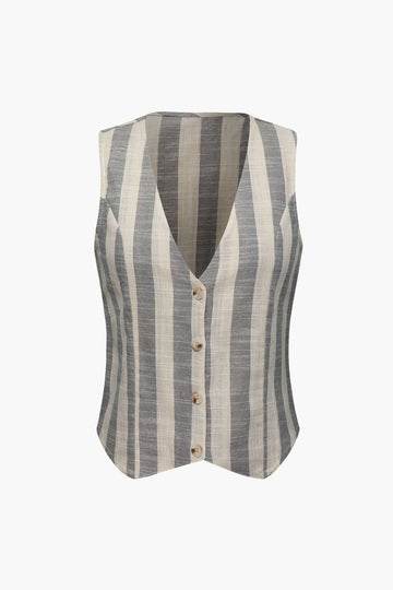 Linen-Blend Stripe Button Up Vest
