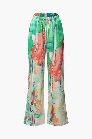 Watercolor Print Drawstring Waist Wide Leg Pants