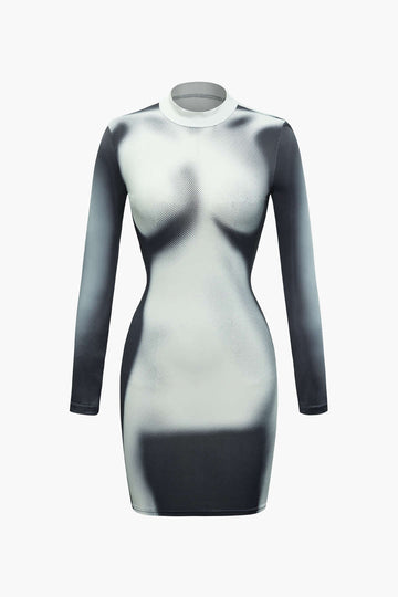 Body Print Turtleneck Long Sleeve Midi Dress