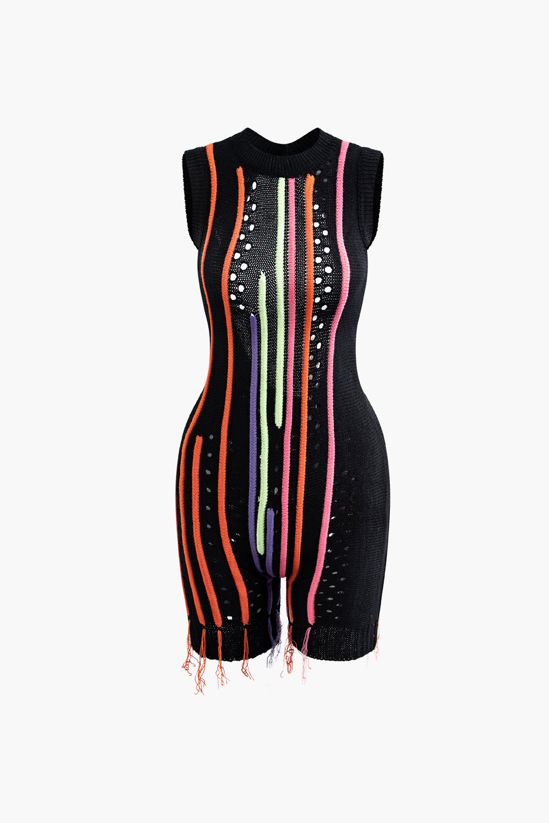 Multicolored Stripe Backless Cut Out Sleeveless Knit Romper