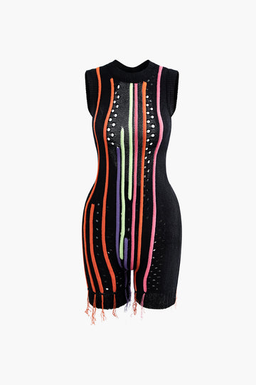 Multicolored Stripe Backless Cut Out Sleeveless Knit Romper