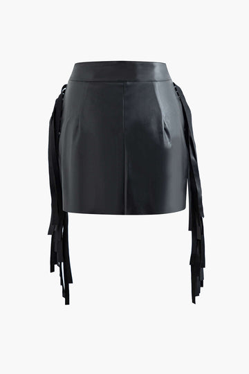 Faux Leather Button Fringe Trim Mini Skirt