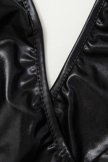 Faux Leather Backless V-neck Wrap Mini Dress