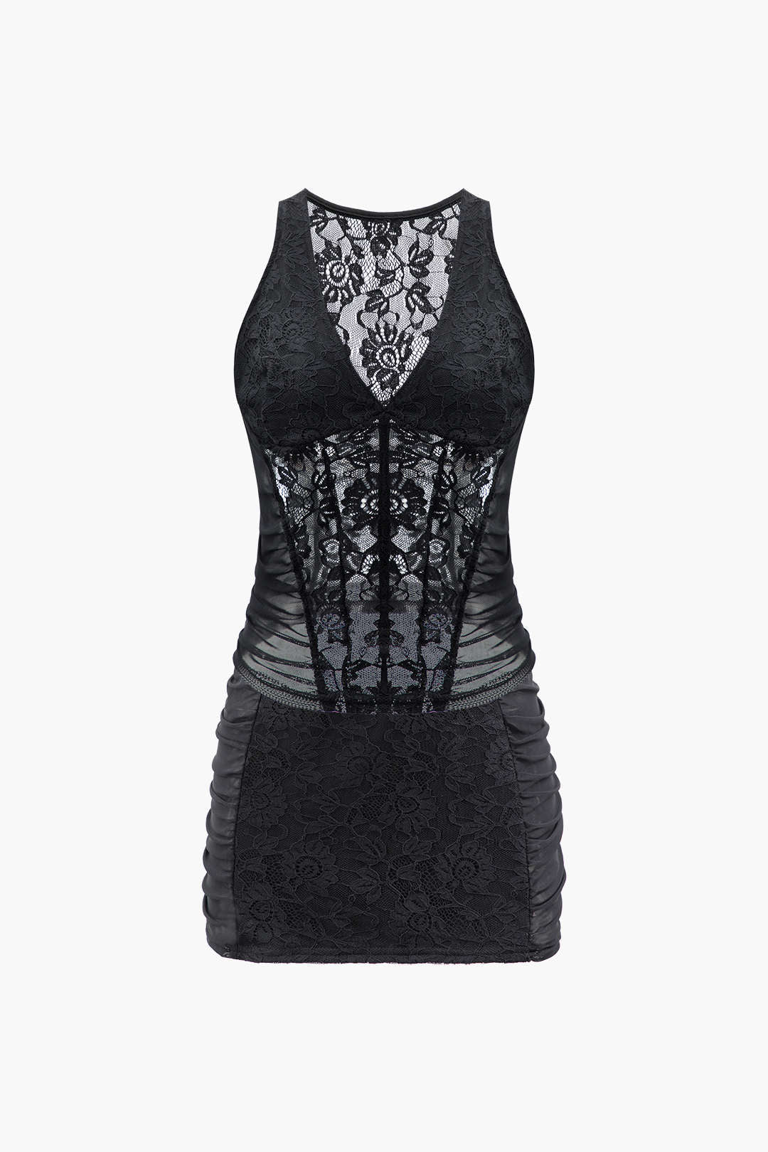 Lace V-neck Corset Top And Ruched Bodycon Mini Skirt Set