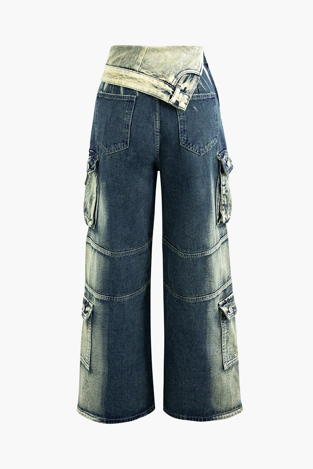 Distressed Faded Foldover Waist Wide Leg Cargo Jeans