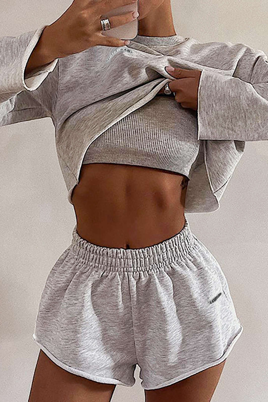 Cami Top And Long Sleeve Crop Top And Track Shorts Set