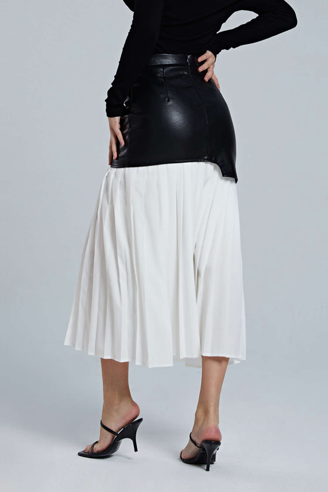 Contrast Pleated Faux Leather Midi Skirt