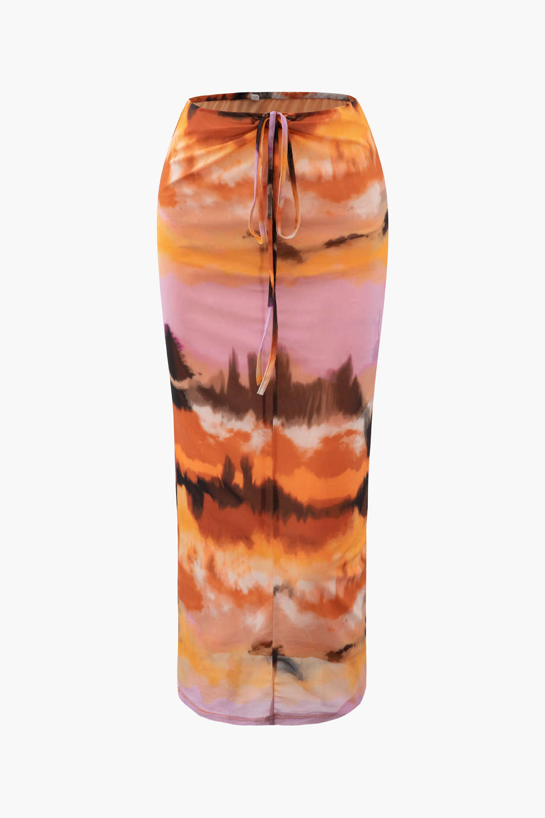 Abstract Print Tie Waist Mesh Maxi Skirt