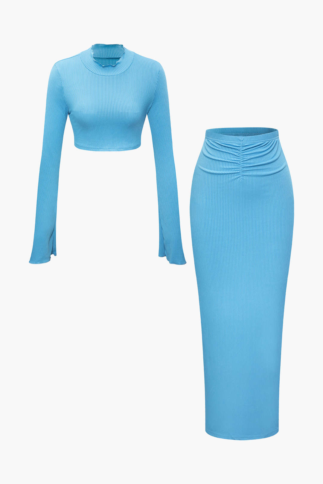 Rib Knit Mock Neck Long Sleeve Crop Top And Maxi Skirt Set