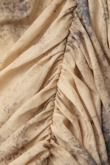 Abstract Print Ruched Mesh Cami Midi Dress