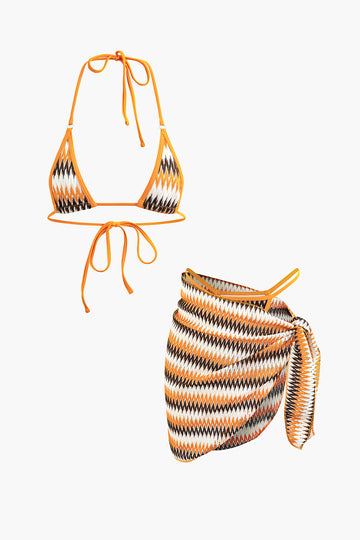 Colorblock Halter Bikini And Knot Side Sarong Set