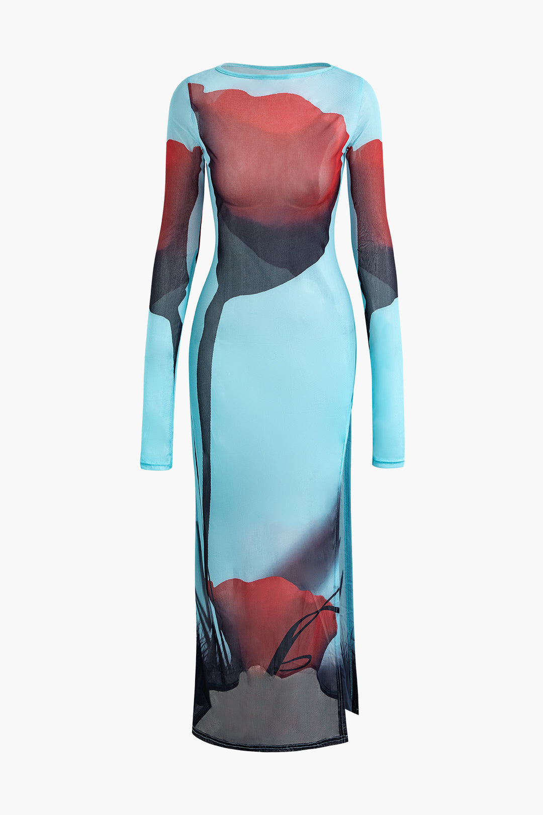 Abstract Print Round Neck Mesh Slit Maxi Dress