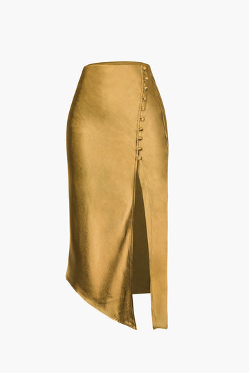 Asymmetric Hem Slit Button Deco Skirt
