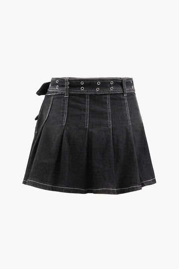Belted Topstitching Pleated Mini Skirt