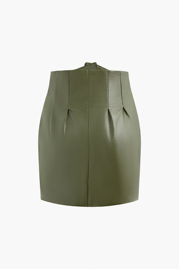 Ruched Button Up Faux Leather Mini Skirt