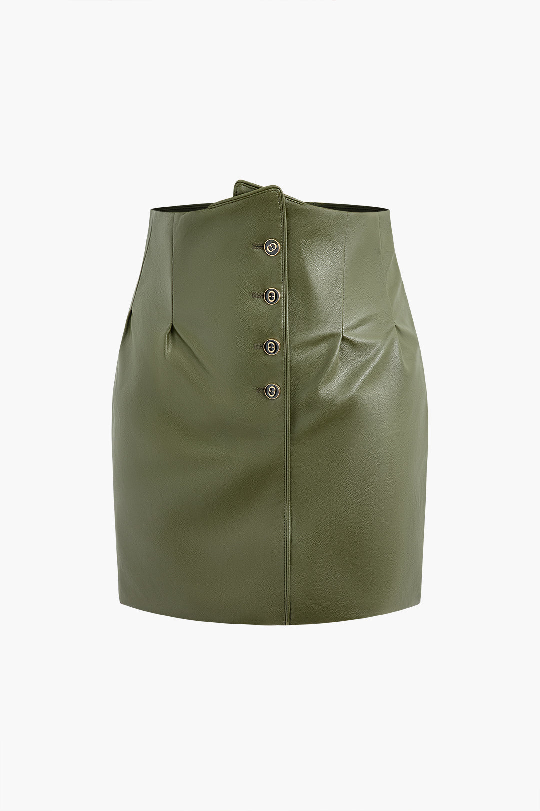 Ruched Button Up Faux Leather Mini Skirt
