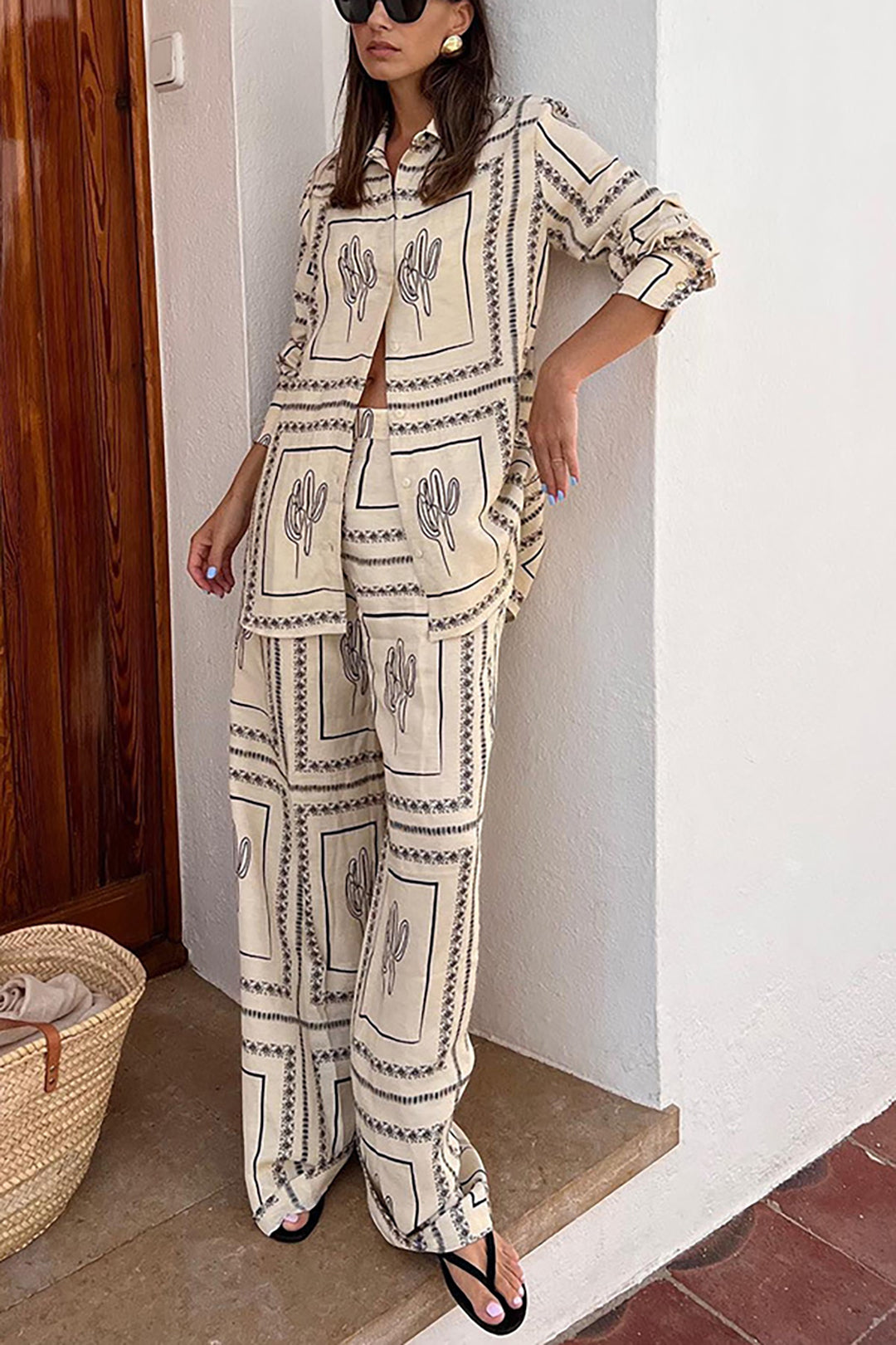 Abstract Print Blouse And High Waist Wide Leg Pants
