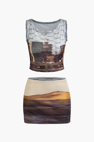 Landscape Print Rib Knit Tank Top And Mini Skirt Set