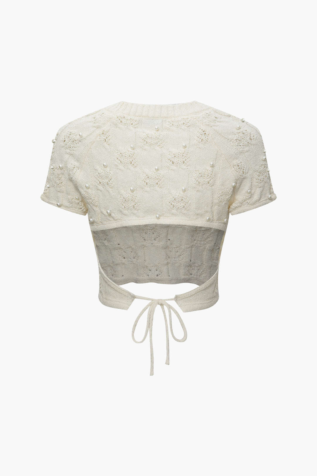 Pearl Embellished Open Knit Tie Back T-Shirt