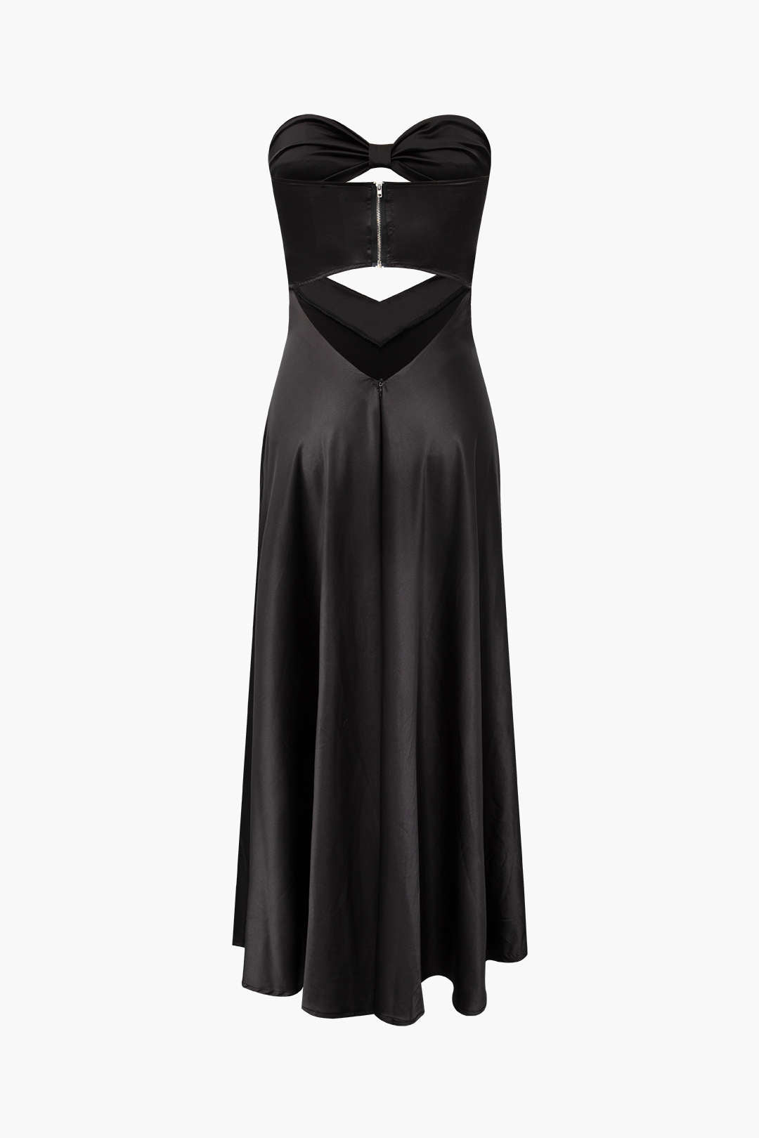 Knot Front Cut Out Satin Strapless Maxi Dress