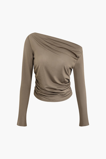 Solid Asymmetrical Ruched Long Sleeves Top