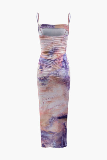 Printed Ruched Midi Slip Dress