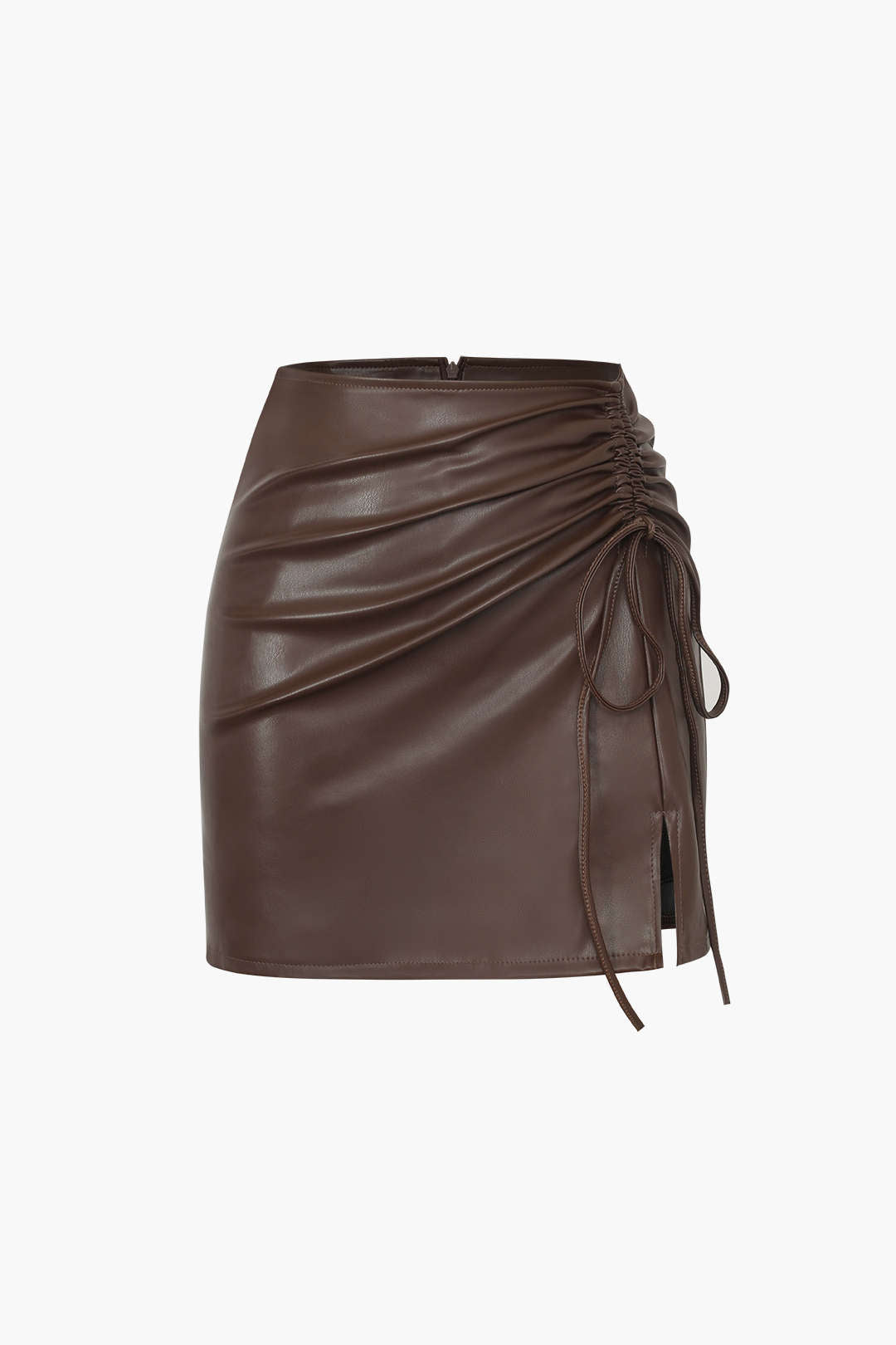 Drawstring Slit Leather Mini Skirt