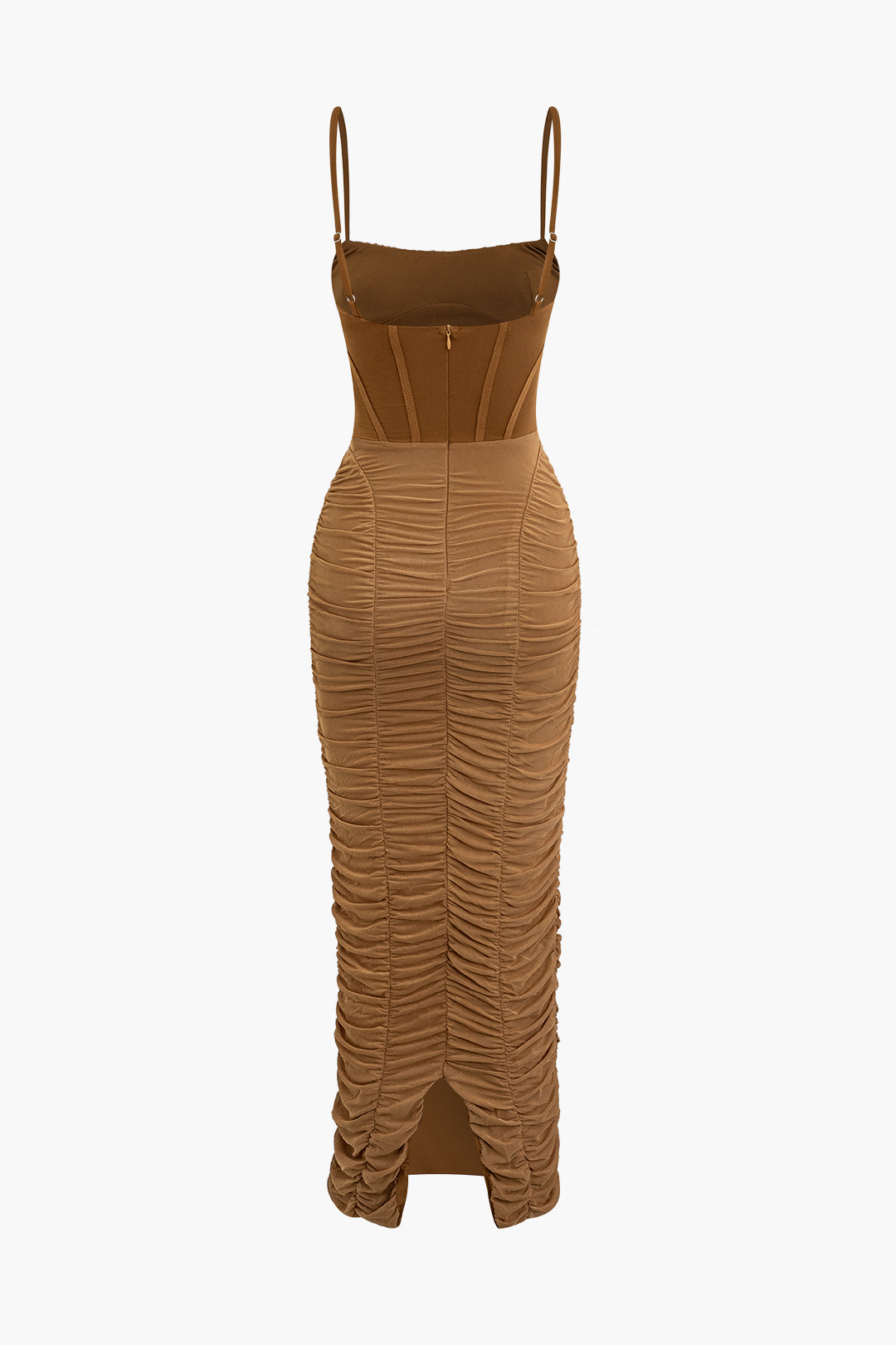 Solid Ruched Mesh Slip Maxi Dress