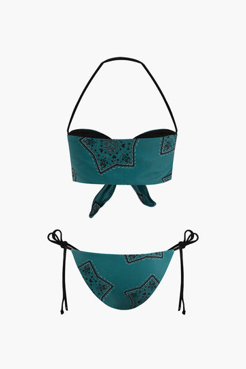 Printed Knotted Halter Tie Bikini Swimsuit Set