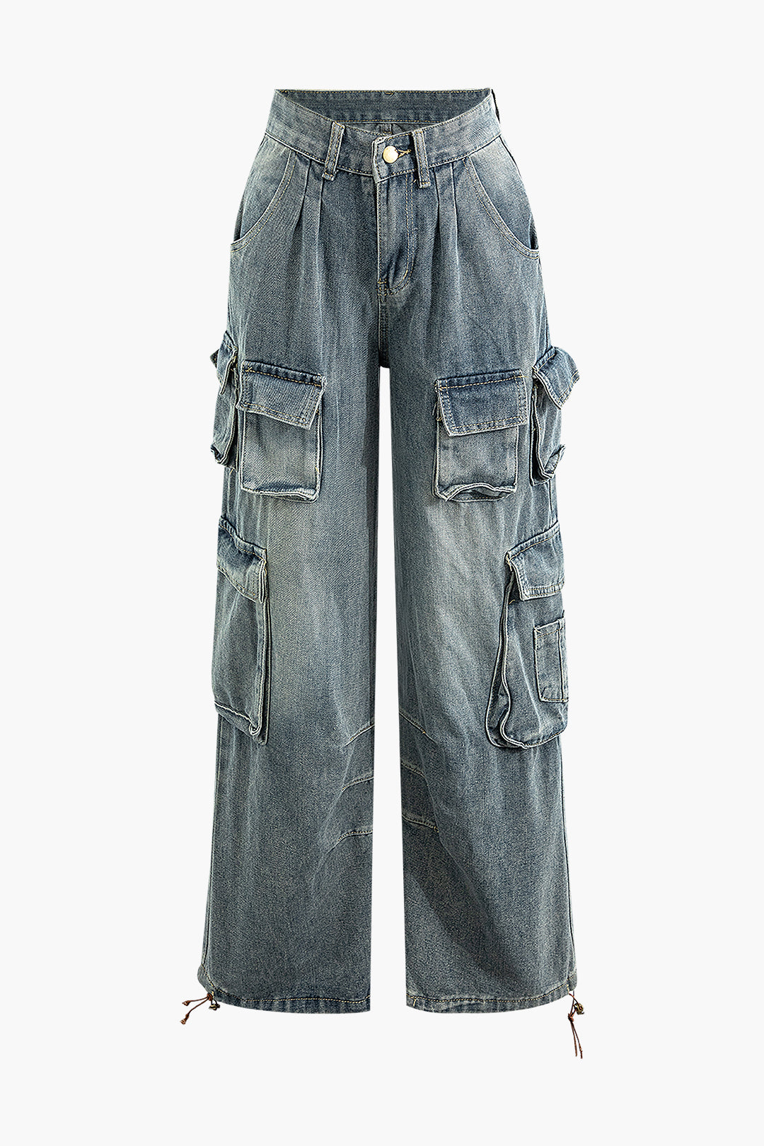 Distressed Faded Flap Pocket Wide Leg Cargo Jeans