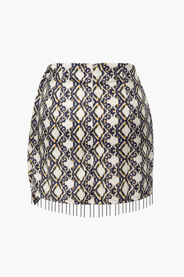 Geometric Print Fringe Hem Wrap Mini Skirt