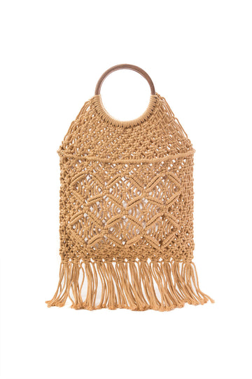 Woven Round Handle Tassel Tote Bag
