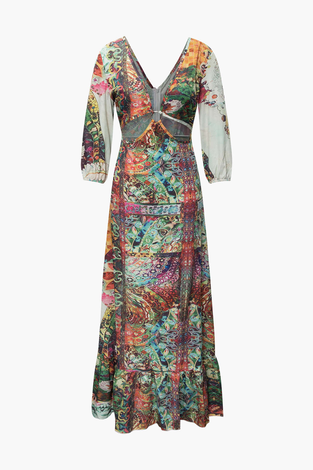 Printed V-neck Cut Out Knot Back Maxi Dress