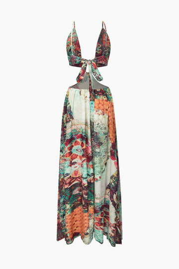 Printed Cut Out Knot Back Maxi Dress