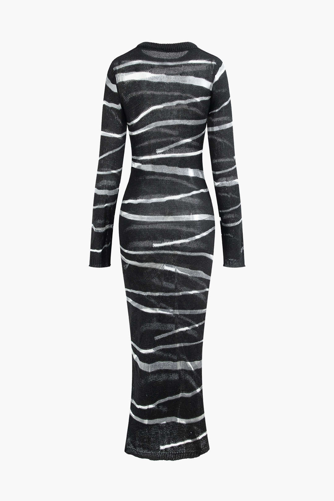 Stripe Round Neck Open Knit Long Sleeve Maxi Dress
