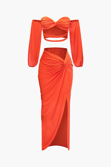 Off Shoulder Cut Out Long Sleeve Top And Twist Slit Maxi Skirt Set