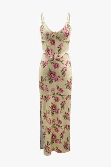 Floral Print Corset Top And Slit Midi Skirt Set