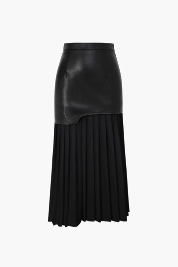 Contrast Pleated Faux Leather Midi Skirt