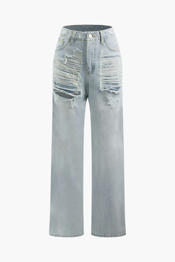 High Waisted Destroyed Straight Leg Jeans