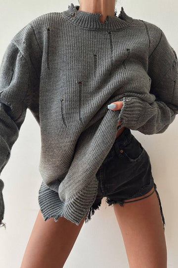 Round Neck Frayed Knit Sweater