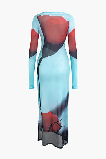 Abstract Print Round Neck Mesh Slit Maxi Dress