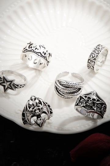 Set Of 6-pcs Punk Engraved Skull Rings