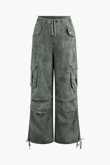 Jacquard Tie Flap Pocket Layer Straight Leg Cargo Pants