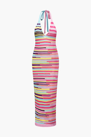 Multi Stripe V-neck Knit Halter Maxi Dress